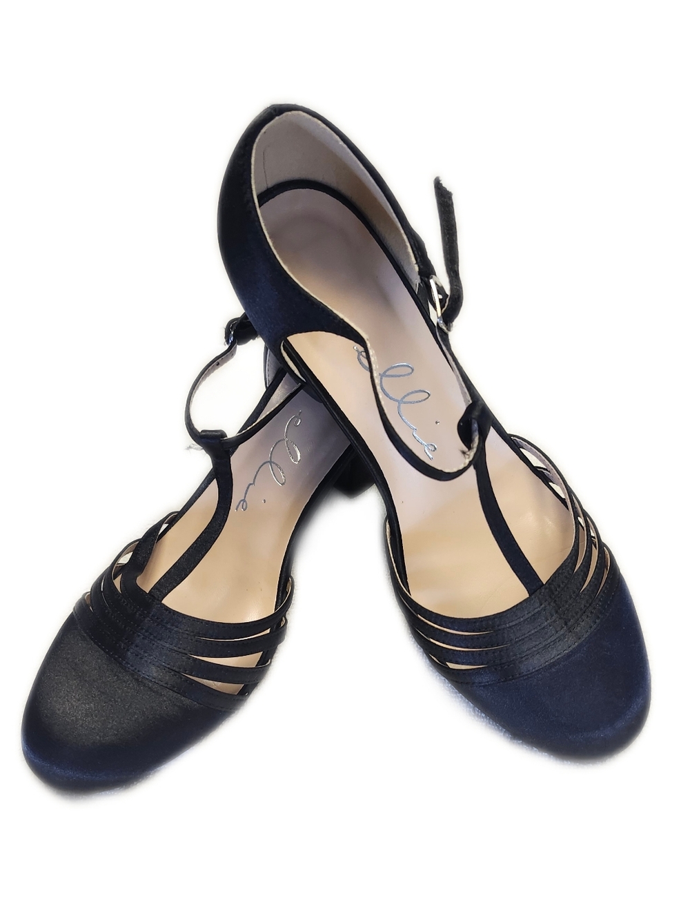 Ellie Rounded Toe Black Satin Strappy Dress Shoes, 2" Heel, Size 8